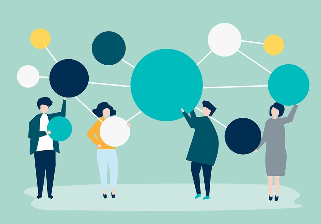 Leute, die verbundene Kopienraum-Kreisikonen halten